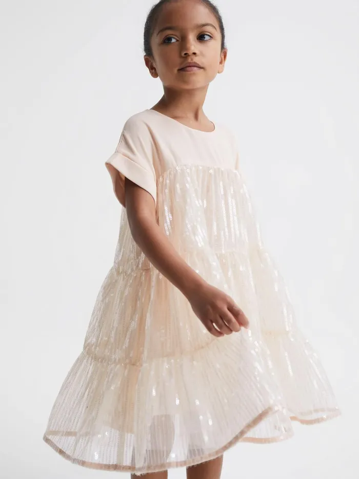 Children Luci Sequin Tiered Dress Pale Pink Reiss Dresses and Jumpsuits