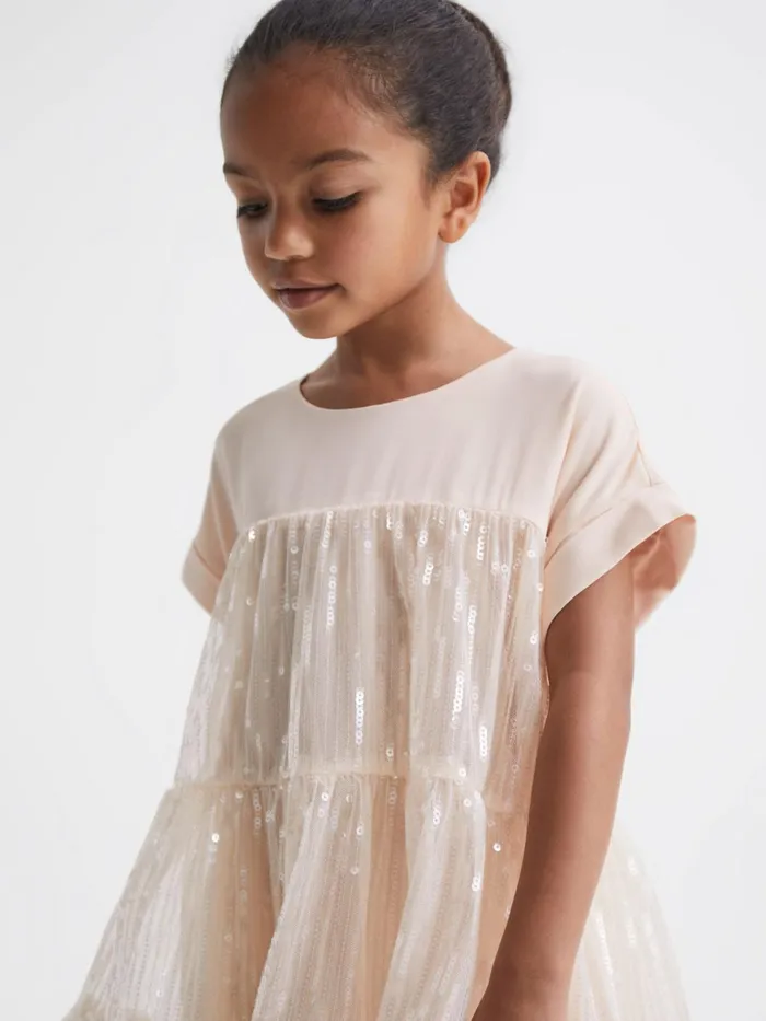 Children Luci Sequin Tiered Dress Pale Pink Reiss Dresses and Jumpsuits