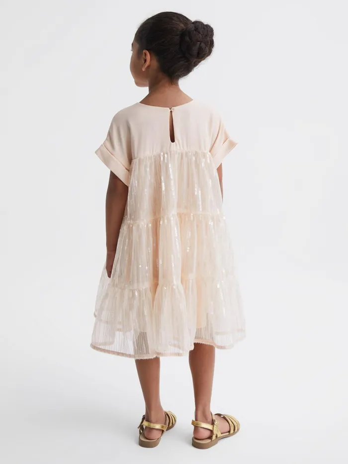 Children Luci Sequin Tiered Dress Pale Pink Reiss Dresses and Jumpsuits