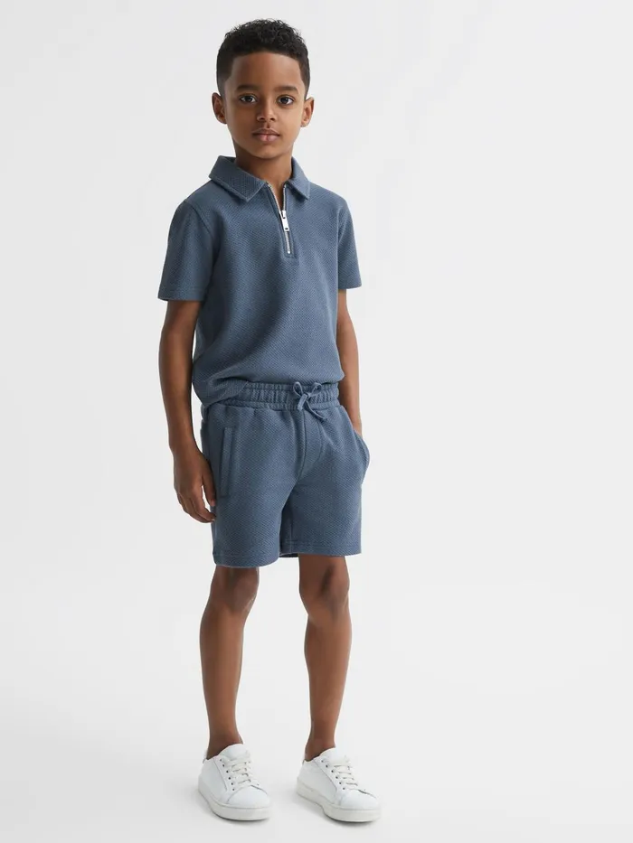 Children Robin Slim Fit Textured Drawstring Shorts Airforce Blue Reiss CoOrds