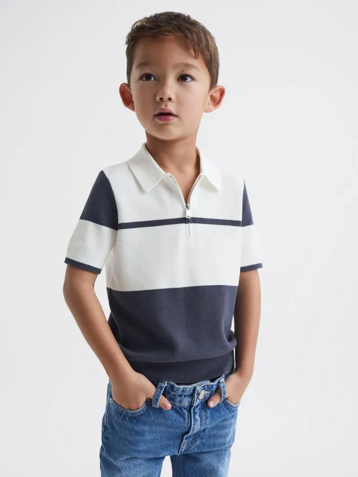 Children Rome Slim Fit Half Zip Colourblock Polo Shirt Airforce Blue Reiss Knitwear