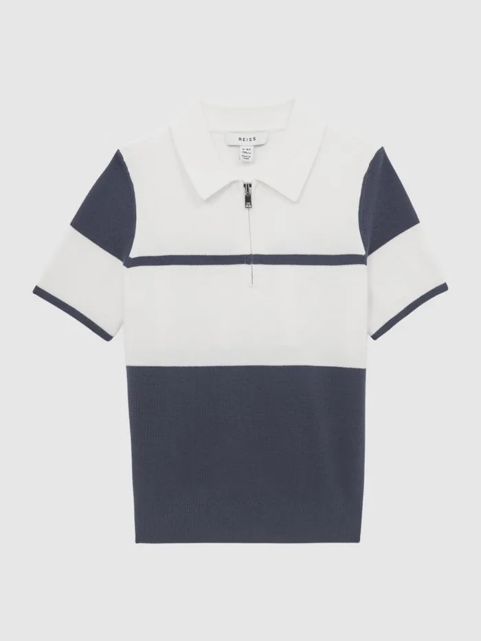 Children Rome Slim Fit Half Zip Colourblock Polo Shirt Airforce Blue Reiss Knitwear