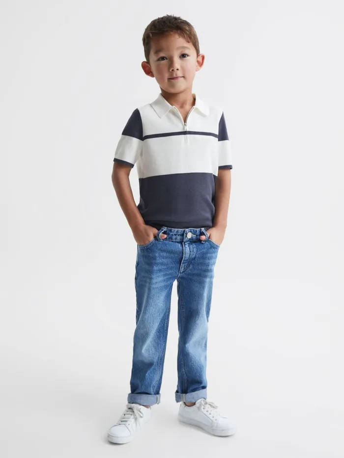 Children Rome Slim Fit Half Zip Colourblock Polo Shirt Airforce Blue Reiss Knitwear