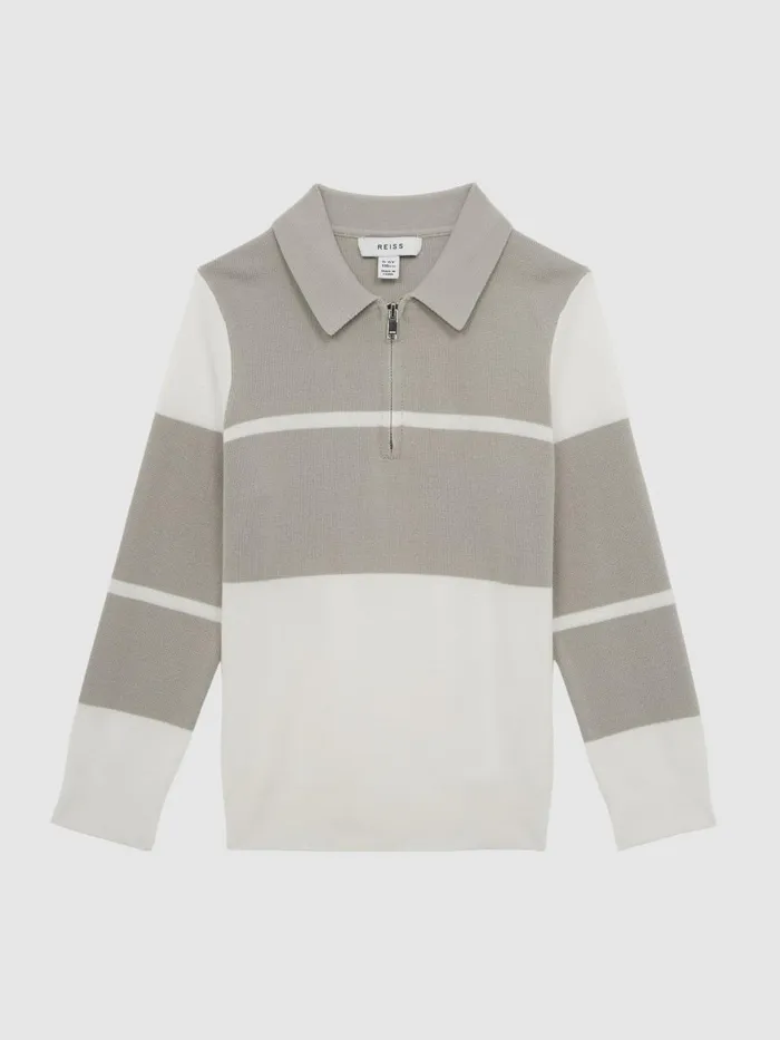 Children Tokyo Slim Fit Colourblock Half Zip Shirt Soft Greywhite Reiss Polo Shirts