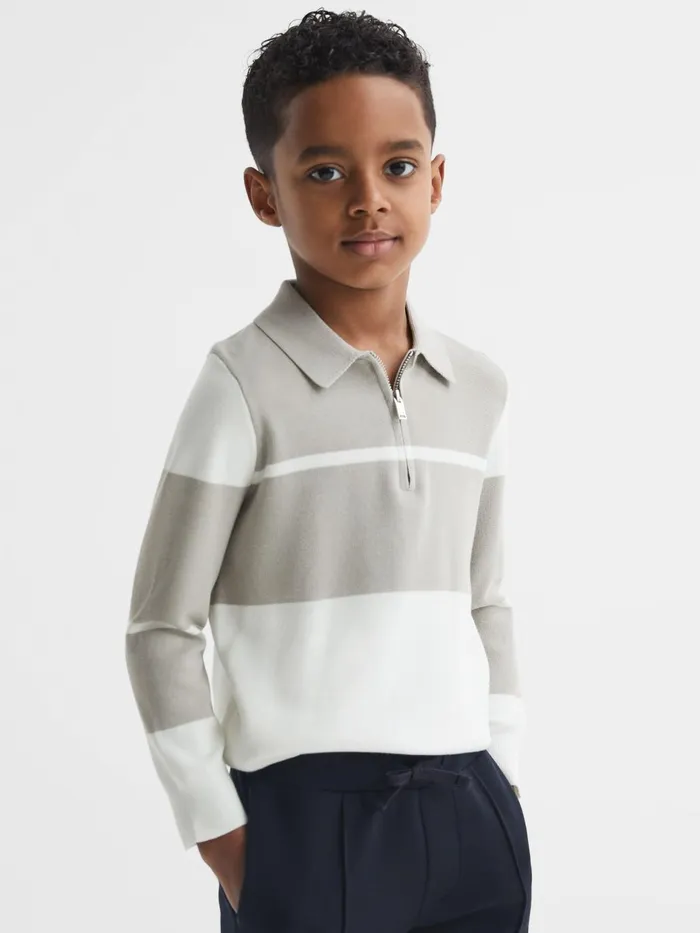 Children Tokyo Slim Fit Colourblock Half Zip Shirt Soft Greywhite Reiss Polo Shirts