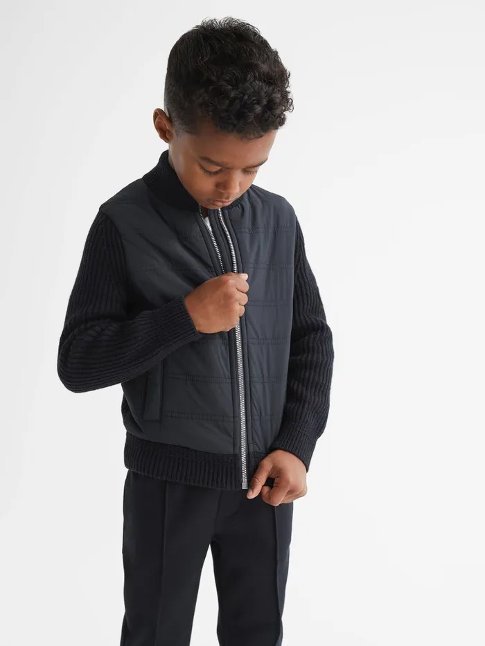 Children Trainer Hybrid Zip Through Quilted Jumper Navy Reiss Knitwear