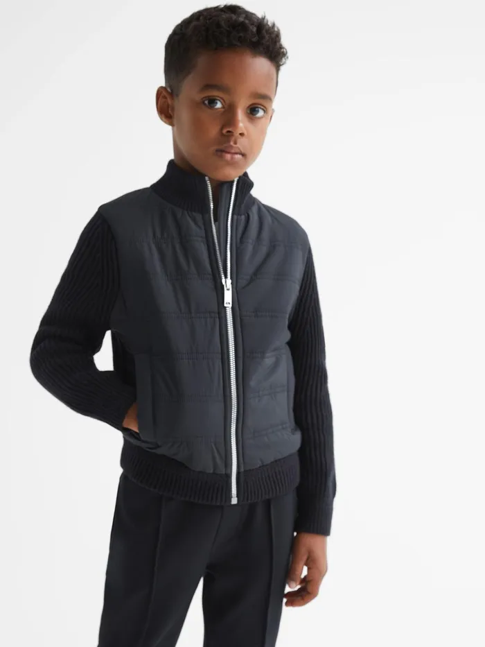 Children Trainer Hybrid Zip Through Quilted Jumper Navy Reiss Knitwear