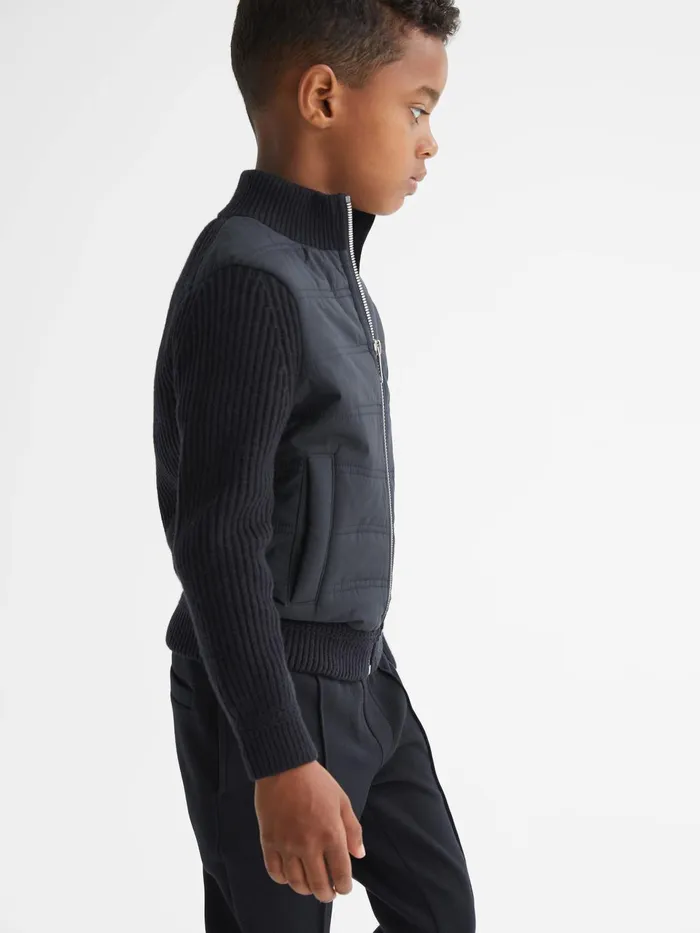 Children Trainer Hybrid Zip Through Quilted Jumper Navy Reiss Knitwear