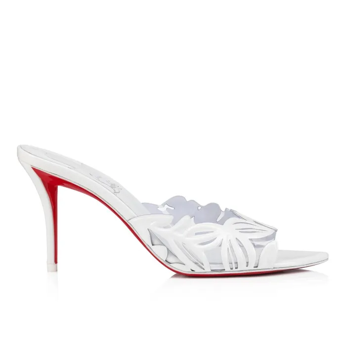 Christian Louboutin Sandals and Slides Women Apostropha Mule Petunia 80 Mm Mules 8211 PVC And Patent Leather 8211 White