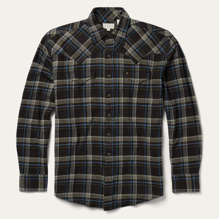 Classic Cut Men Stetson Brown Plaid Flannel Western Shirt Brown
