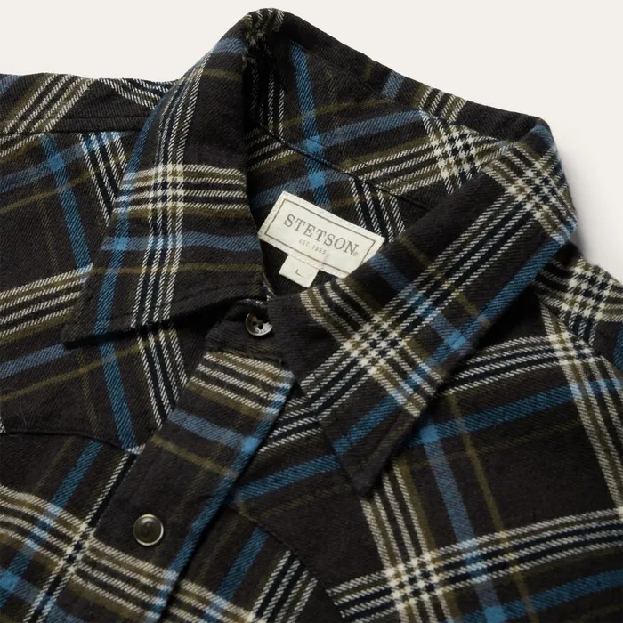 Classic Cut Men Stetson Brown Plaid Flannel Western Shirt Brown