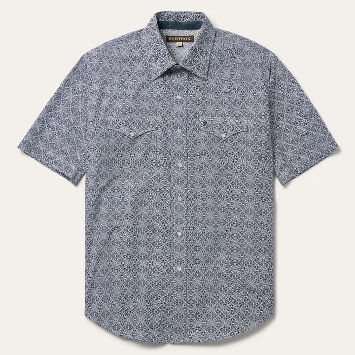 Classic Cut Men Stetson Navy Print Short Sleeve Western Shirt Blue
