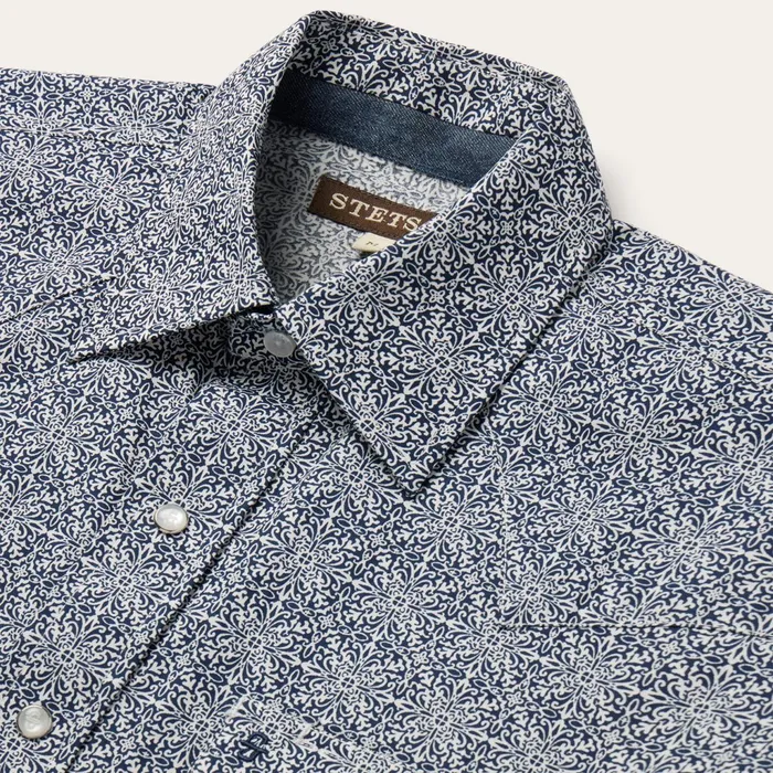 Classic Cut Men Stetson Navy Print Short Sleeve Western Shirt Blue