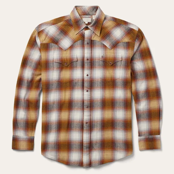 Classic Cut Men Stetson Rust Plaid Flannel Western Shirt Brown