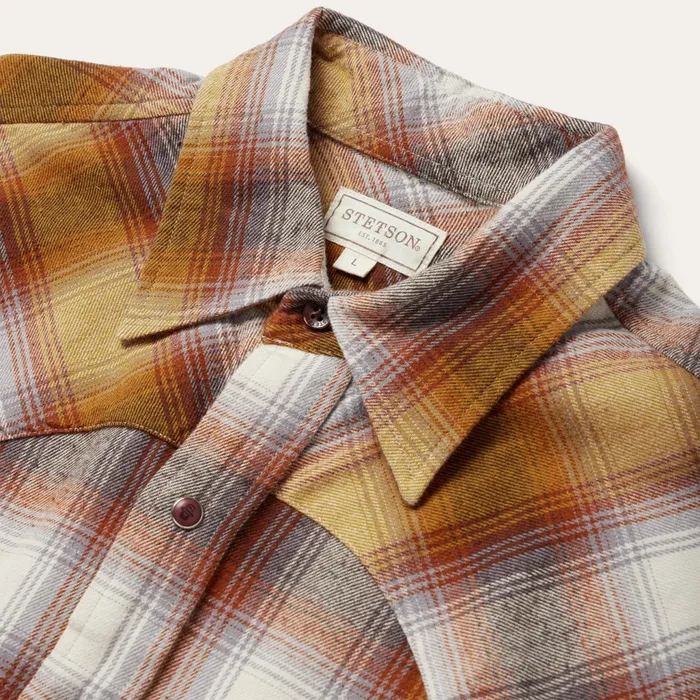 Classic Cut Men Stetson Rust Plaid Flannel Western Shirt Brown