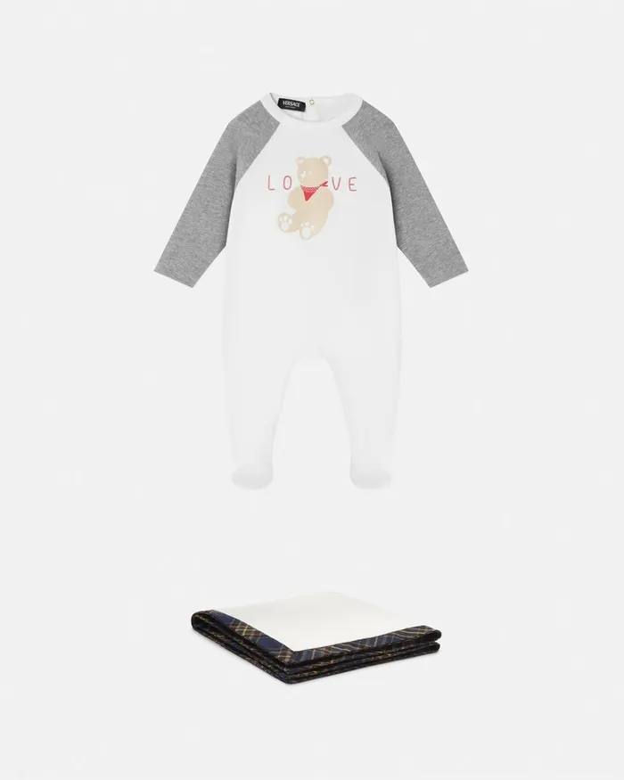 Clothing Kids Versace Tartan Love Teddy Baby Sleepsuit Whitesilver