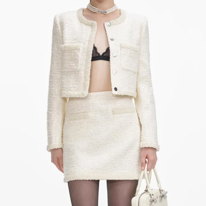 CoOrds Women Self Portrait Cream Boucle Pearl Trim Jacket