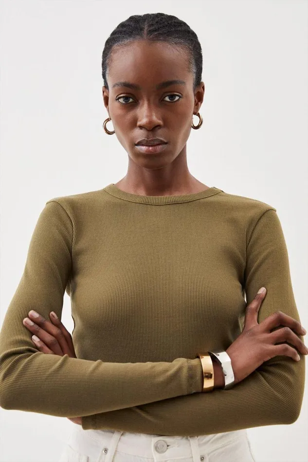 Compact Jersey Long Sleeve Ribbed Top Khaki Women Karen Millen Tops