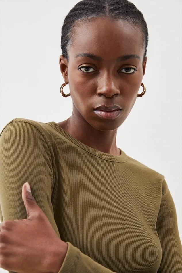 Compact Jersey Long Sleeve Ribbed Top Khaki Women Karen Millen Tops