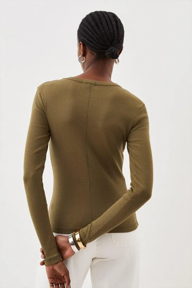 Compact Jersey Long Sleeve Ribbed Top Khaki Women Karen Millen Tops