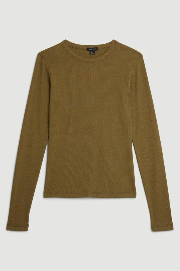 Compact Jersey Long Sleeve Ribbed Top Khaki Women Karen Millen Tops