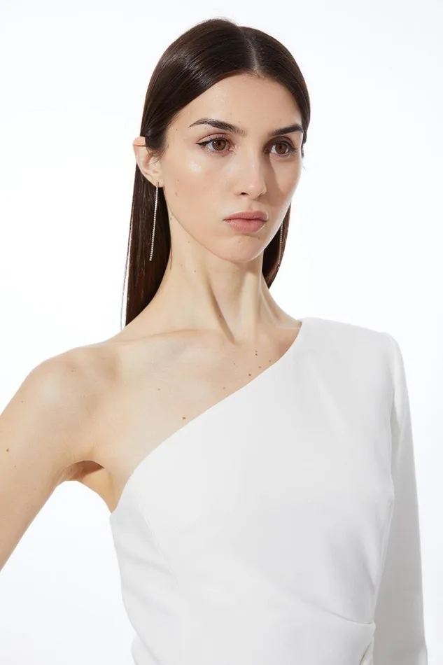 Compact Stretch One Shoulder Pleated Waist Mini Dress Ivory Women Karen Millen Dresses