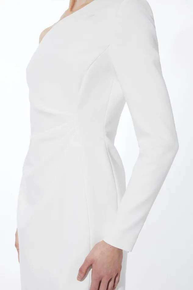 Compact Stretch One Shoulder Pleated Waist Mini Dress Ivory Women Karen Millen Dresses