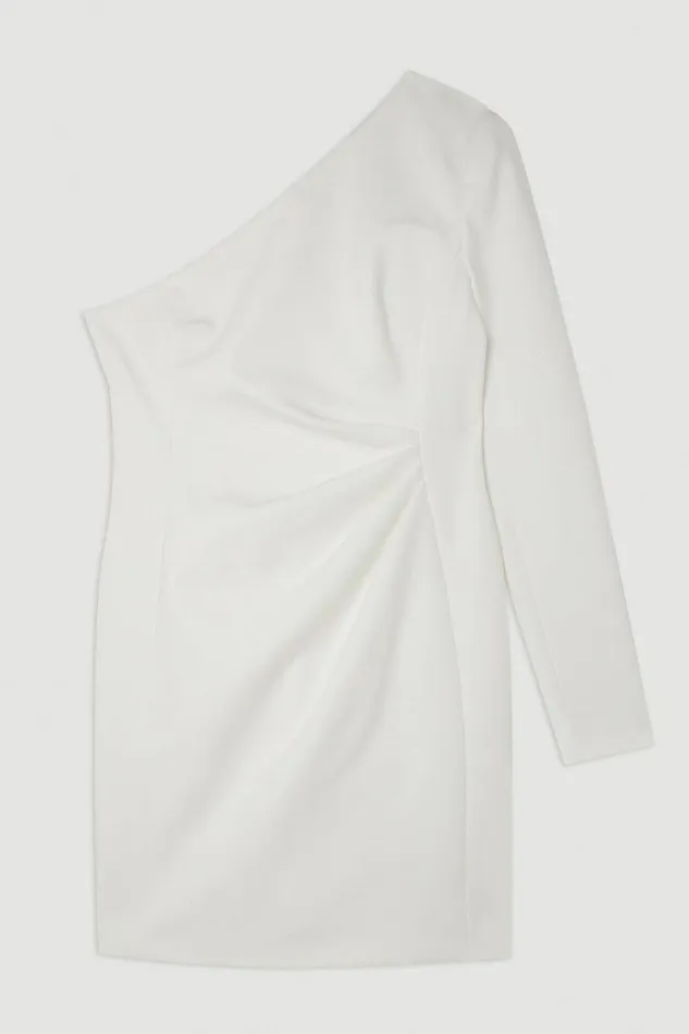Compact Stretch One Shoulder Pleated Waist Mini Dress Ivory Women Karen Millen Dresses