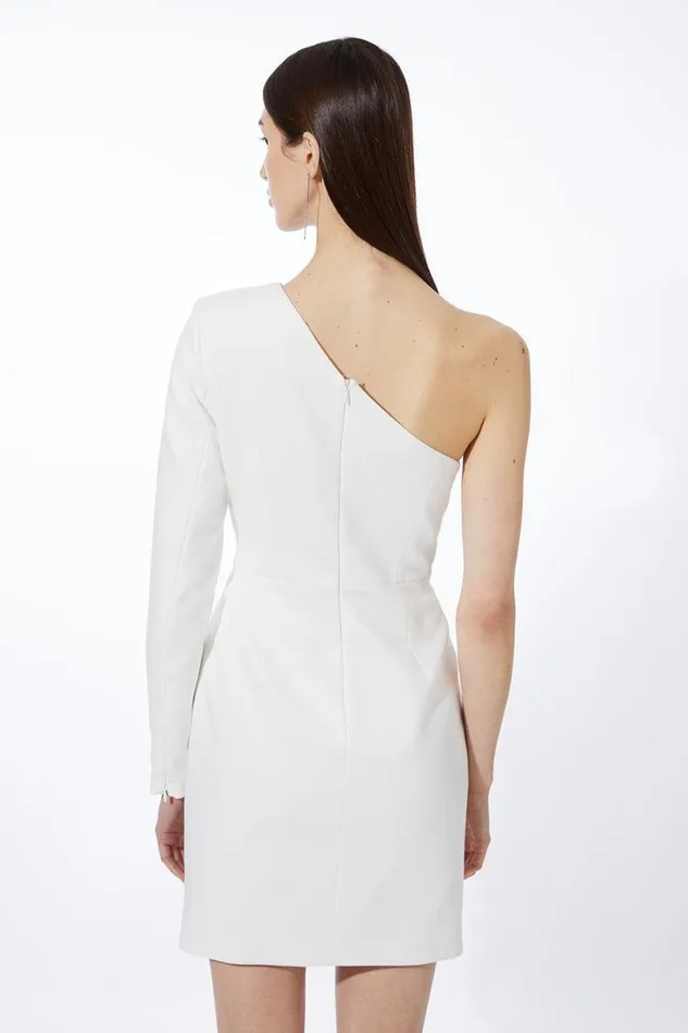 Compact Stretch One Shoulder Pleated Waist Mini Dress Ivory Women Karen Millen Dresses