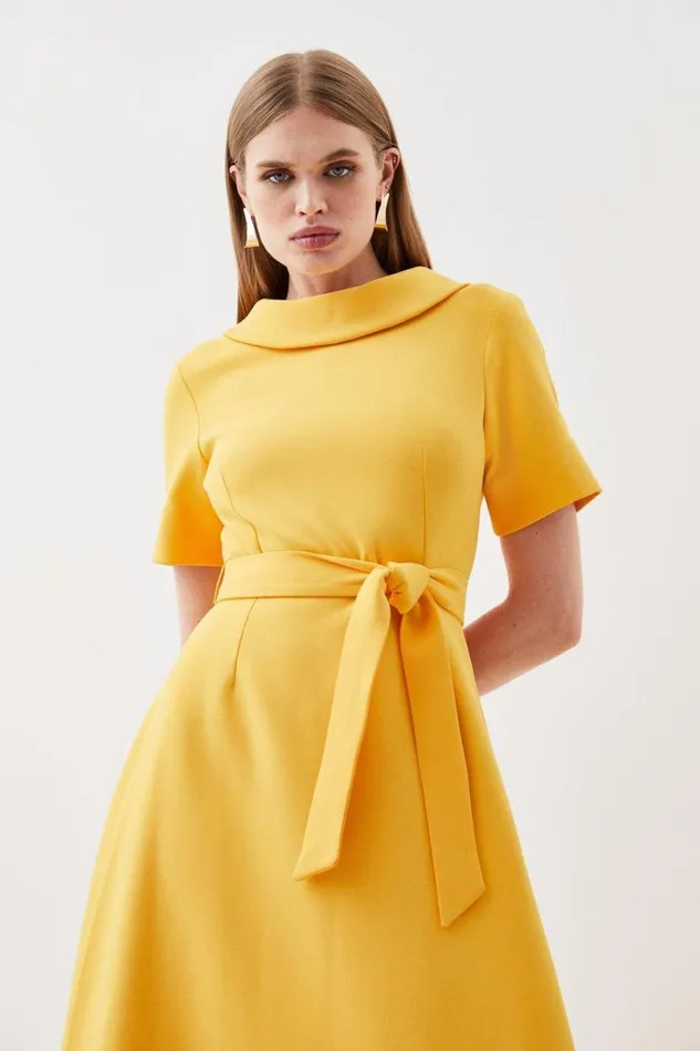 Compact Stretch Roll Neck Belted High Low Tailored Midi Dress Yellow Women Karen Millen Dresses