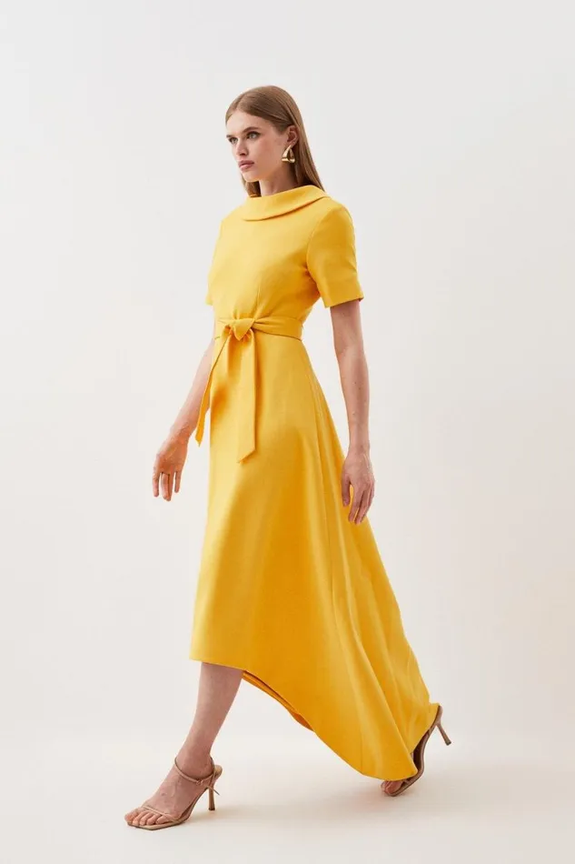 Compact Stretch Roll Neck Belted High Low Tailored Midi Dress Yellow Women Karen Millen Dresses