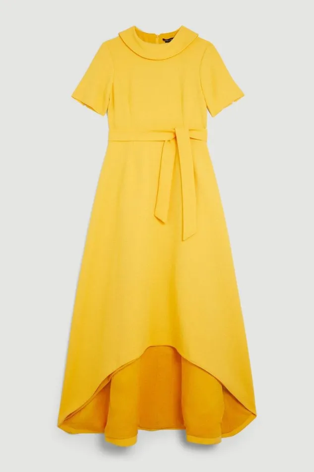 Compact Stretch Roll Neck Belted High Low Tailored Midi Dress Yellow Women Karen Millen Dresses