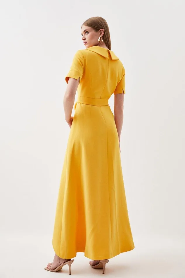 Compact Stretch Roll Neck Belted High Low Tailored Midi Dress Yellow Women Karen Millen Dresses