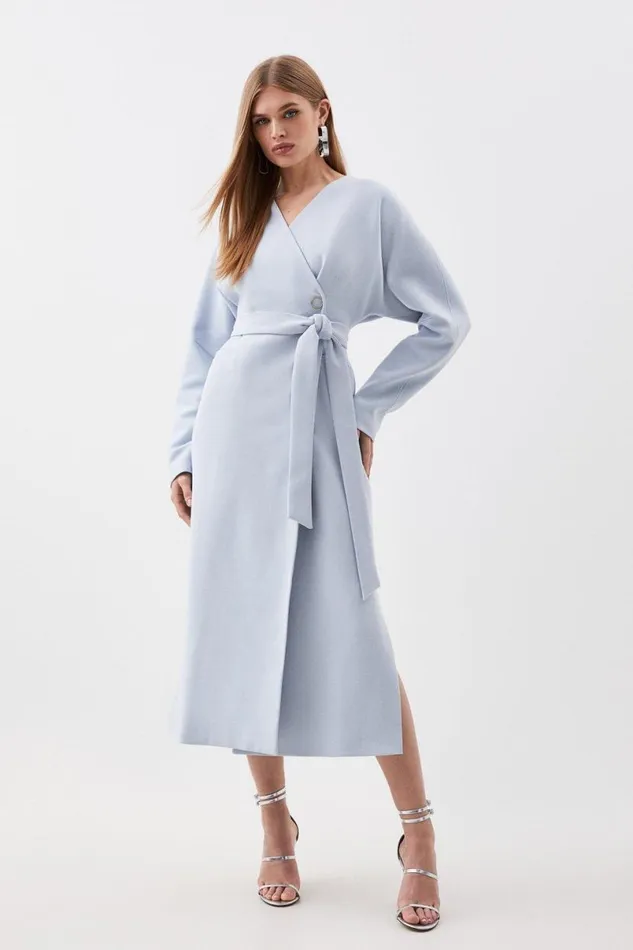 Compact Stretch Rounded Coat Pale Blue Women Karen Millen Coats and Jackets