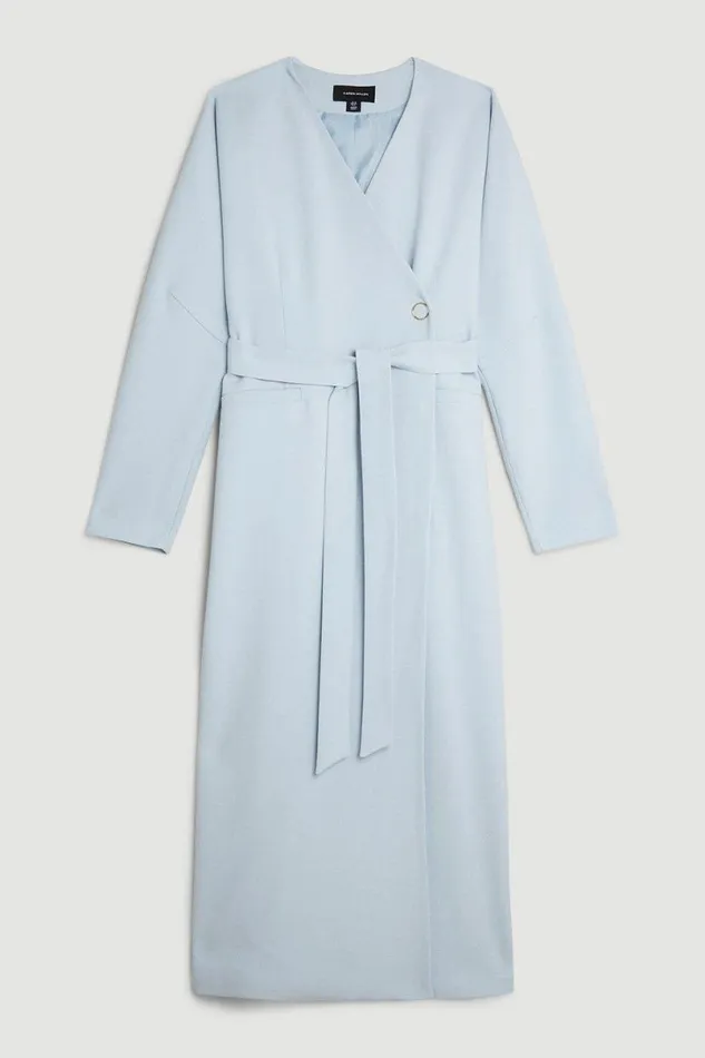 Compact Stretch Rounded Coat Pale Blue Women Karen Millen Coats and Jackets