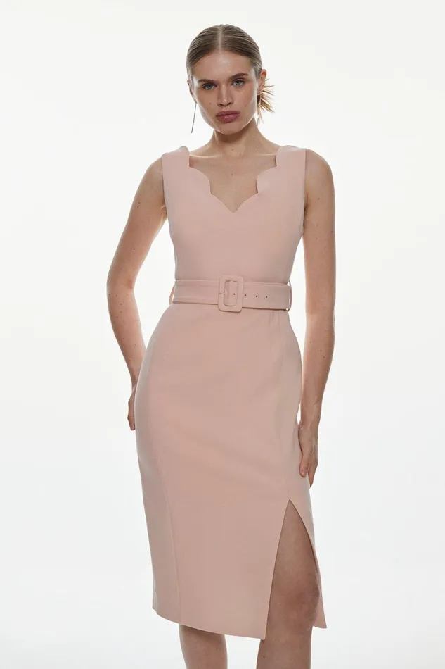 Compact Stretch Scallop Detail Midi Dress Blush Women Karen Millen Dresses