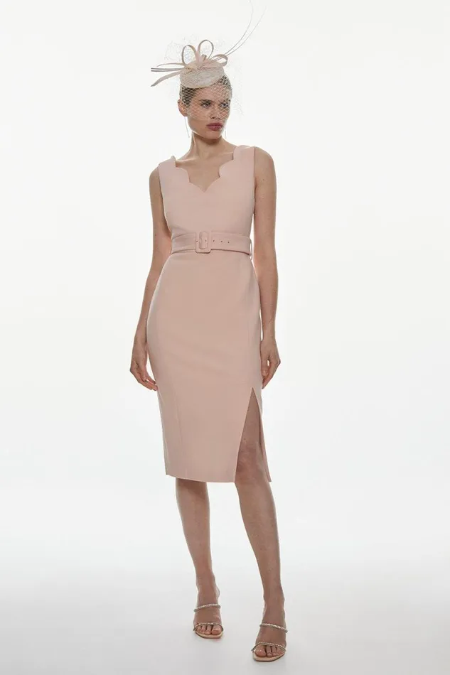 Compact Stretch Scallop Detail Midi Dress Blush Women Karen Millen Dresses