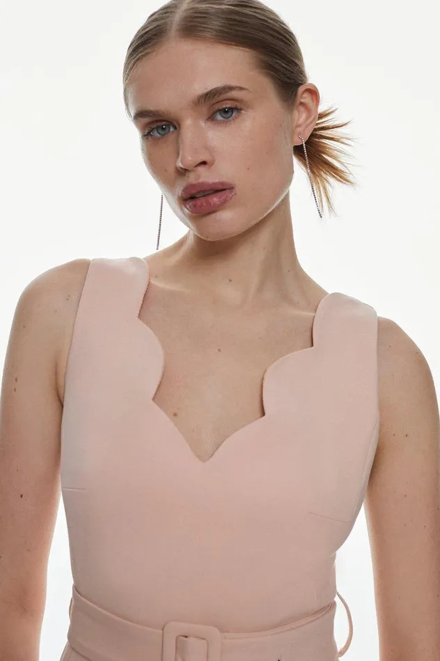 Compact Stretch Scallop Detail Midi Dress Blush Women Karen Millen Dresses