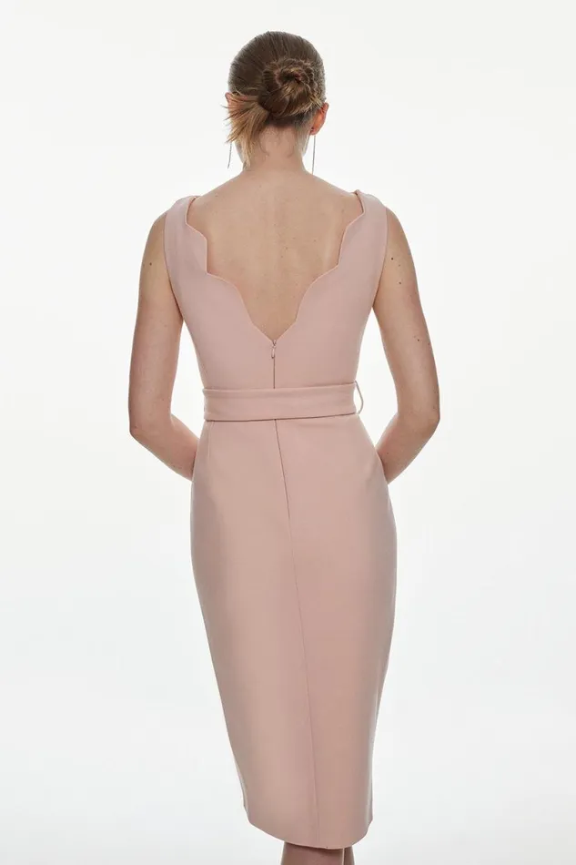 Compact Stretch Scallop Detail Midi Dress Blush Women Karen Millen Dresses
