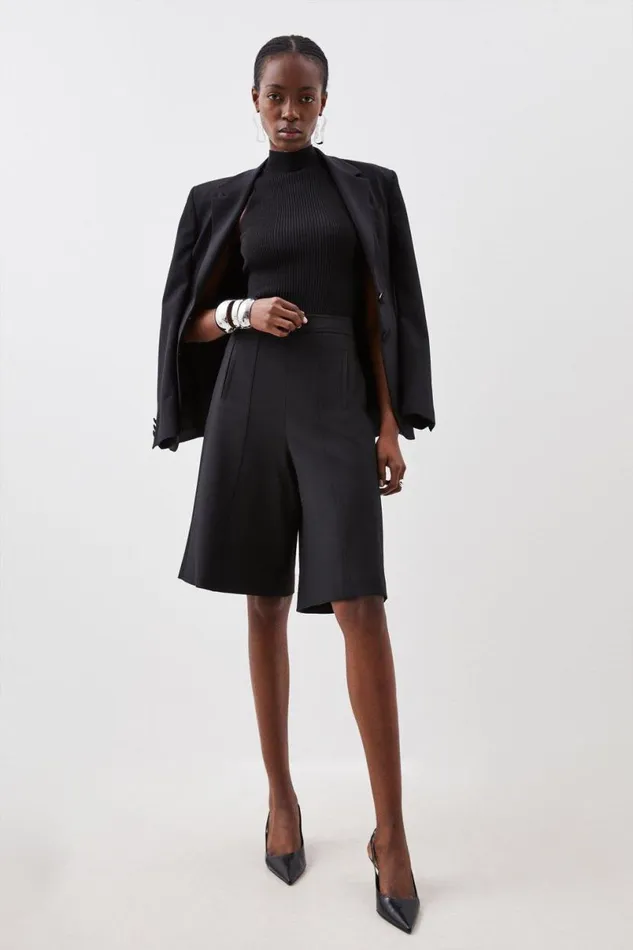 Compact Stretch Stitch Detail Tailored Walking Shorts Black Women Karen Millen Suits