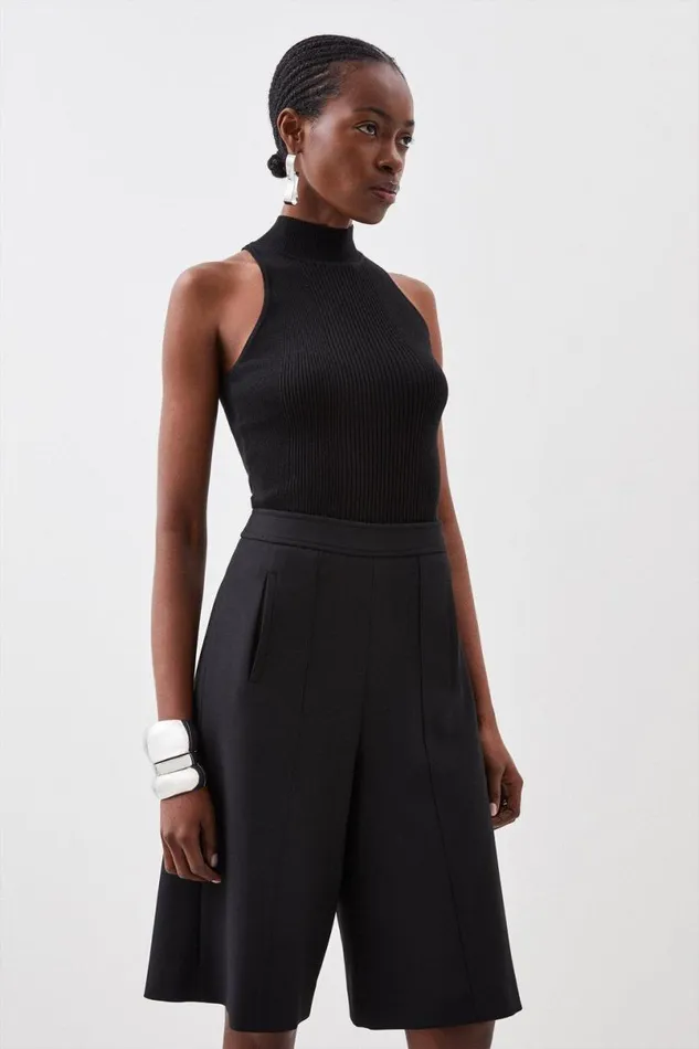 Compact Stretch Stitch Detail Tailored Walking Shorts Black Women Karen Millen Suits