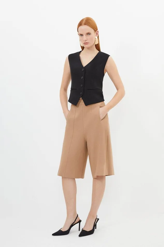 Compact Stretch Stitch Detail Tailored Walking Shorts Camel Women Karen Millen Suits
