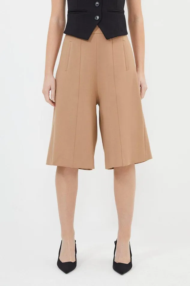 Compact Stretch Stitch Detail Tailored Walking Shorts Camel Women Karen Millen Suits