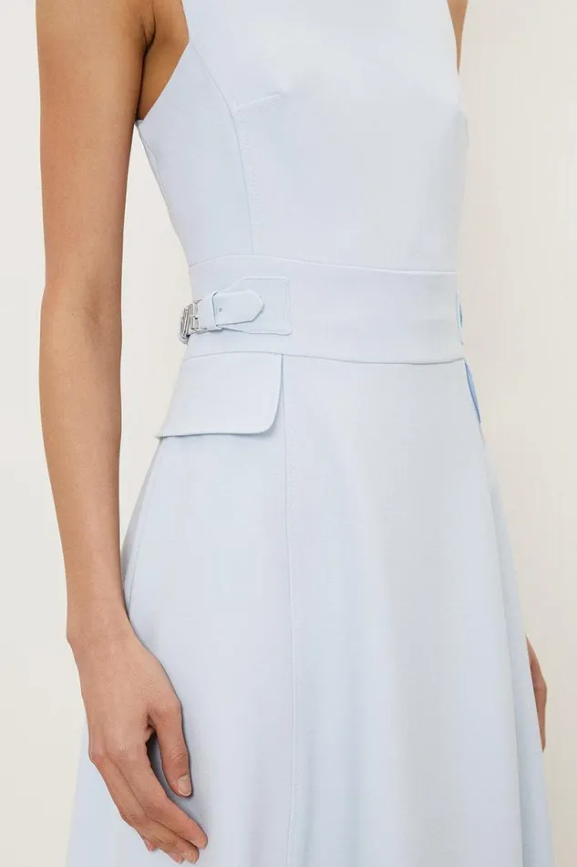Compact Stretch Tab Waist Detail Full Skirt Midi Dress Light Blue Women Karen Millen Dresses