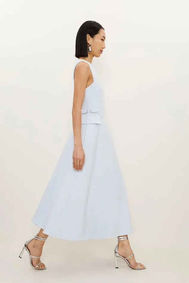 Compact Stretch Tab Waist Detail Full Skirt Midi Dress Light Blue Women Karen Millen Dresses