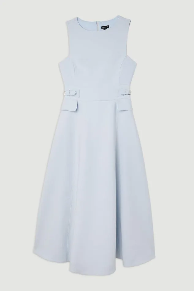 Compact Stretch Tab Waist Detail Full Skirt Midi Dress Light Blue Women Karen Millen Dresses