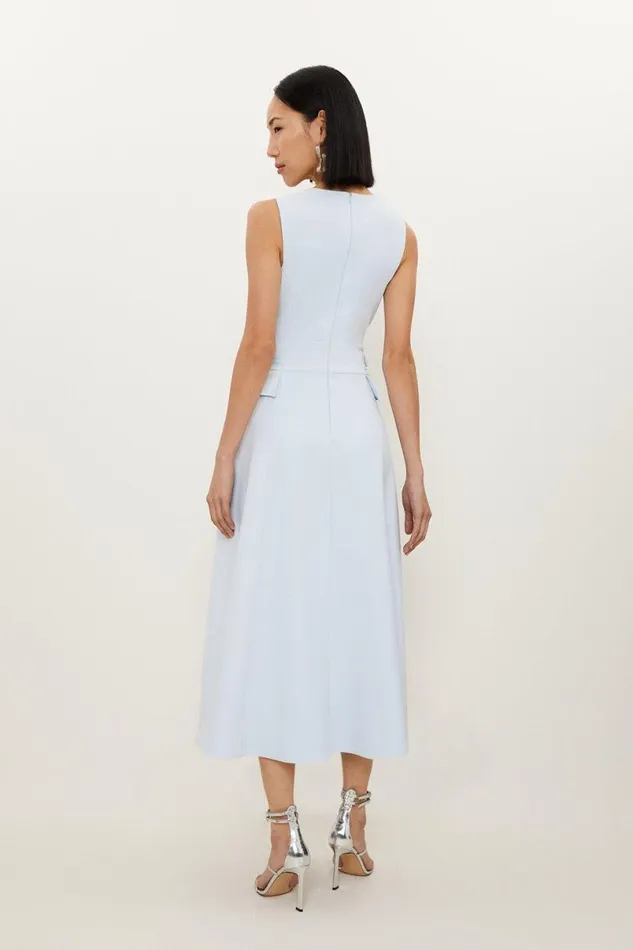 Compact Stretch Tab Waist Detail Full Skirt Midi Dress Light Blue Women Karen Millen Dresses