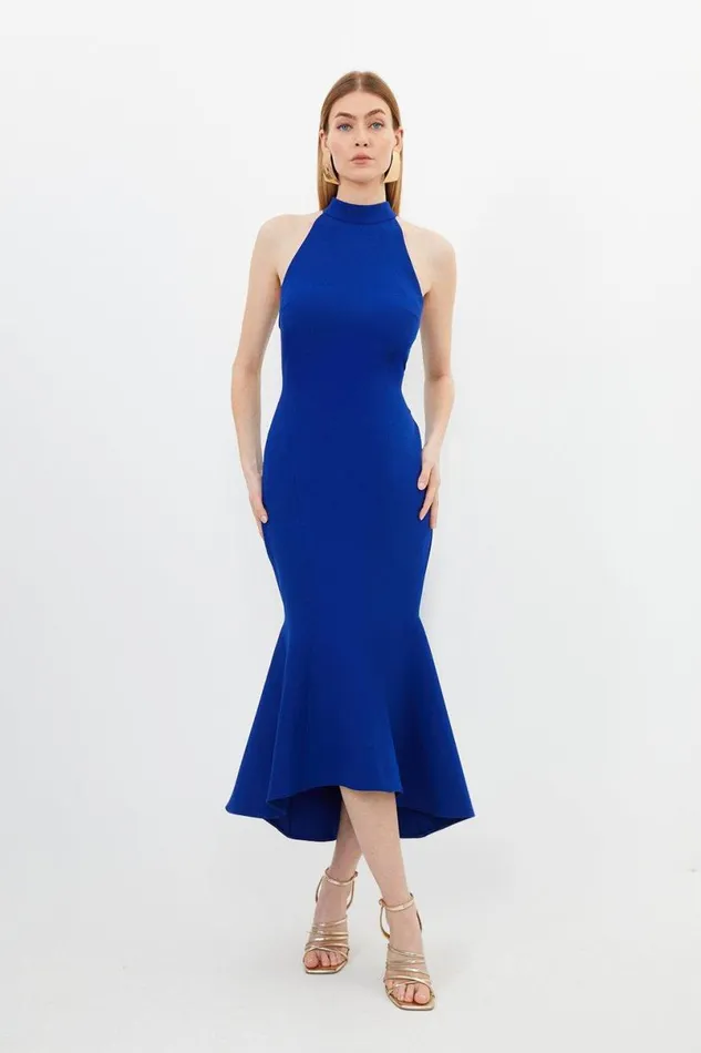 Compact Stretch Tailored High Low Midi Dress Cobalt Women Karen Millen Dresses