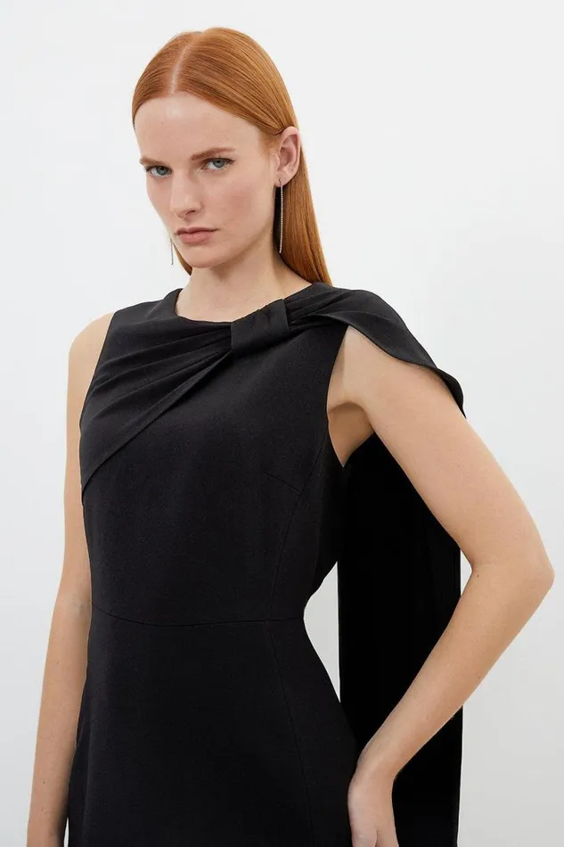Compact Stretch Viscose Knot Drape Tailored Midi Dress Black Women Karen Millen Dresses