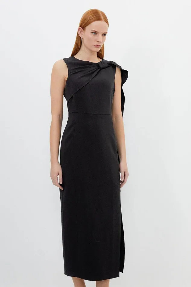 Compact Stretch Viscose Knot Drape Tailored Midi Dress Black Women Karen Millen Dresses